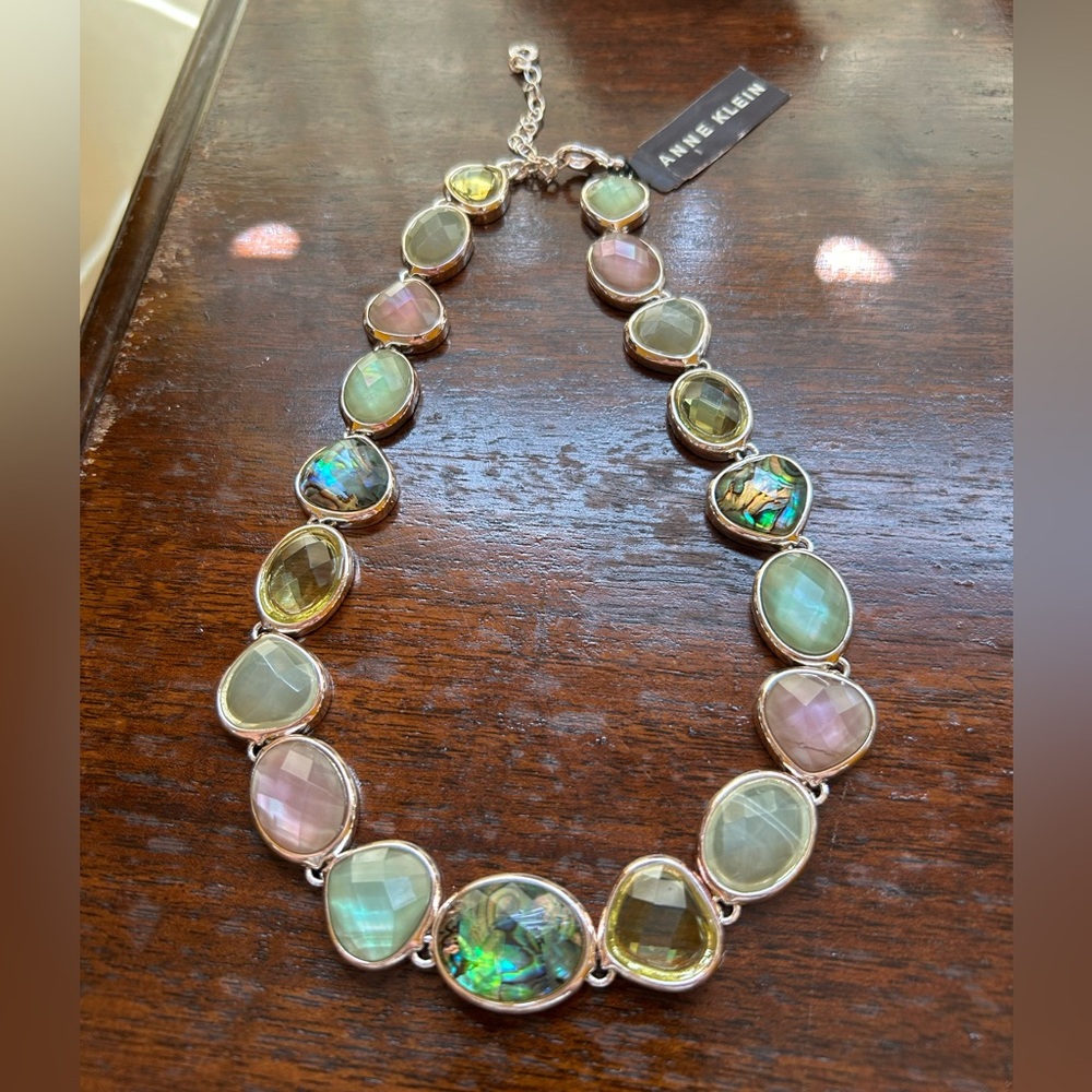 Anne Klein Multicolor Gemstone Necklace w/Faceted Beads Green, Rose, Black Opal